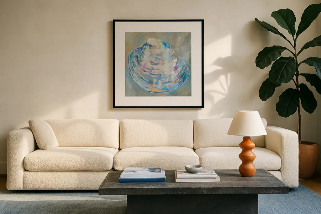 Baby Shell by Jeanette Vertentes. Displayed in a glass frame with matte in a clean modern living room. Available as an archival giclee rolled canvas, fine art paper, or poster print. SKU 74811a.
