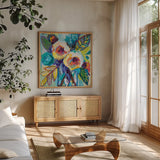 Bahamas Morning by Jeanette Vertentes. Shown in a natural wood frame in a cozy modern living room. Available as an archival giclee rolled canvas, fine art paper, or poster print. SKU 53470a.
