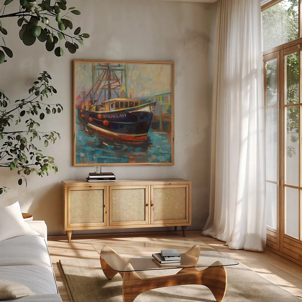 Barbara Ann by Jeanette Vertentes. Shown in a natural wood frame in a cozy modern living room. Available as an archival giclee rolled canvas, fine art paper, or poster print. SKU 49331a.