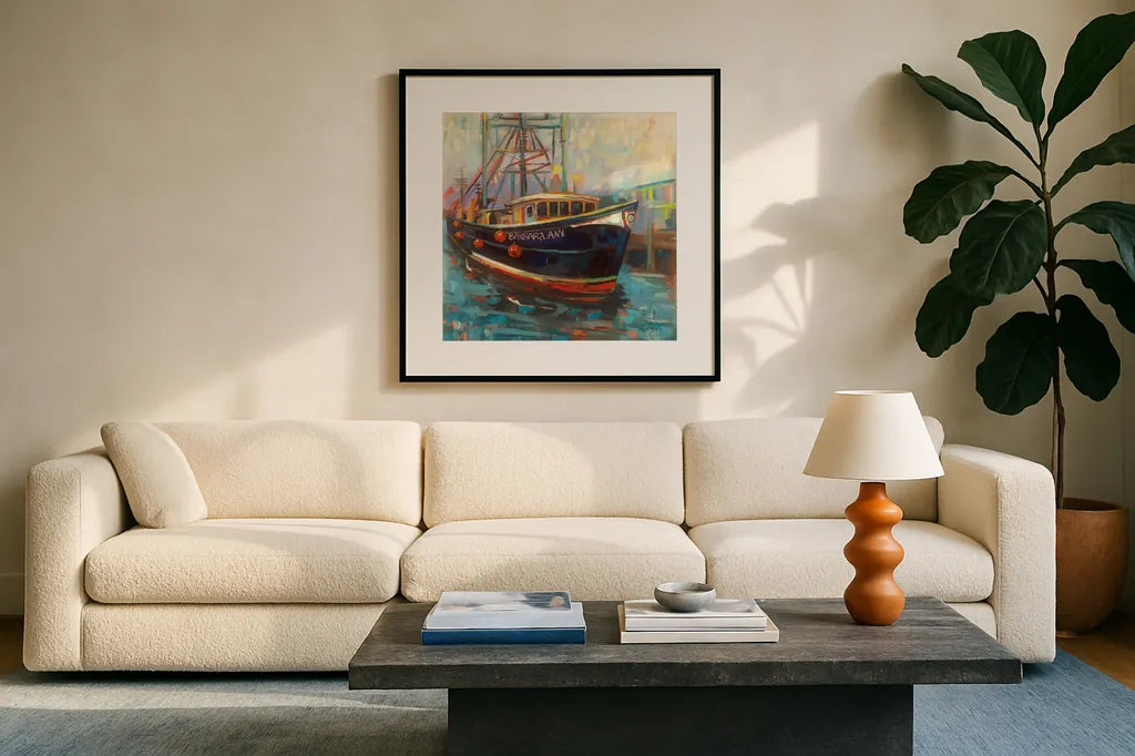 Barbara Ann by Jeanette Vertentes. Displayed in a glass frame with matte in a clean modern living room. Available as an archival giclee rolled canvas, fine art paper, or poster print. SKU 49331a.