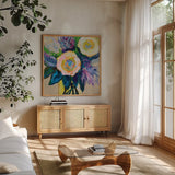 Be There by Jeanette Vertentes. Shown in a natural wood frame in a cozy modern living room. Available as an archival giclee rolled canvas, fine art paper, or poster print. SKU 103162a.