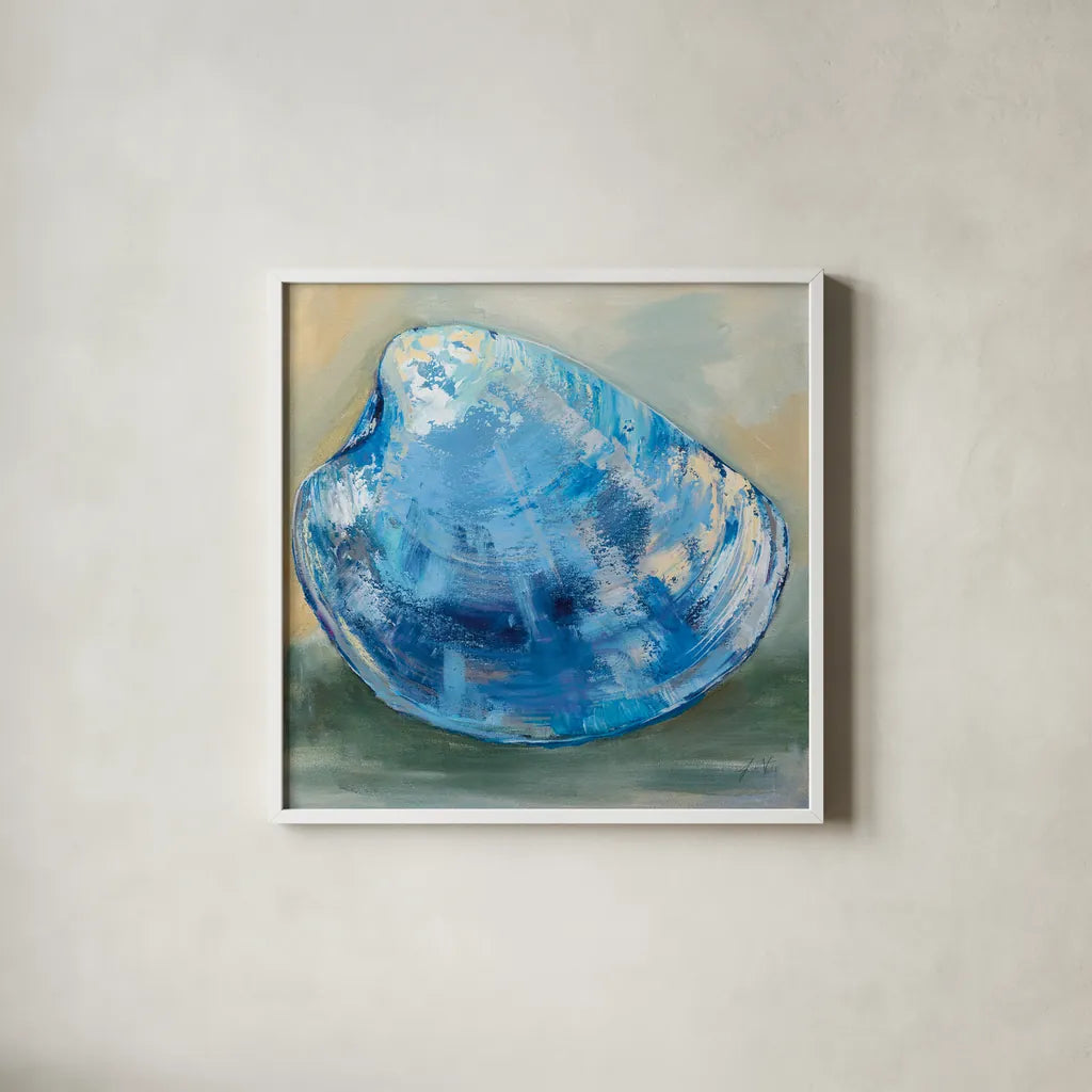 Beach Comber Dark Blue by Jeanette Vertentes. Shown in a crisp white glass frame for a clean and minimalist style. Available as an archival giclee rolled canvas, fine art paper, or poster print. SKU 79088a.
