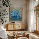Beach Comber Dark Blue by Jeanette Vertentes. Shown in a natural wood frame in a cozy modern living room. Available as an archival giclee rolled canvas, fine art paper, or poster print. SKU 79088a.
