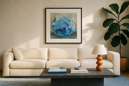Beach Comber Dark Blue by Jeanette Vertentes. Displayed in a glass frame with matte in a clean modern living room. Available as an archival giclee rolled canvas, fine art paper, or poster print. SKU 79088a.