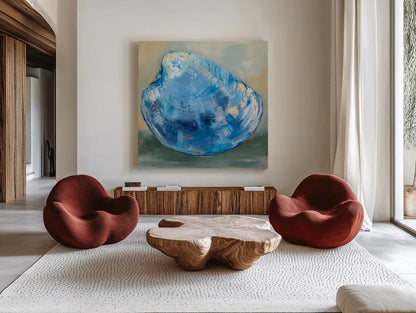 Beach Comber Dark Blue by Jeanette Vertentes. Shown as extra-large giant wall art in a modern living room. Available as an archival giclee rolled canvas, fine art paper, or poster print. SKU 79088a.