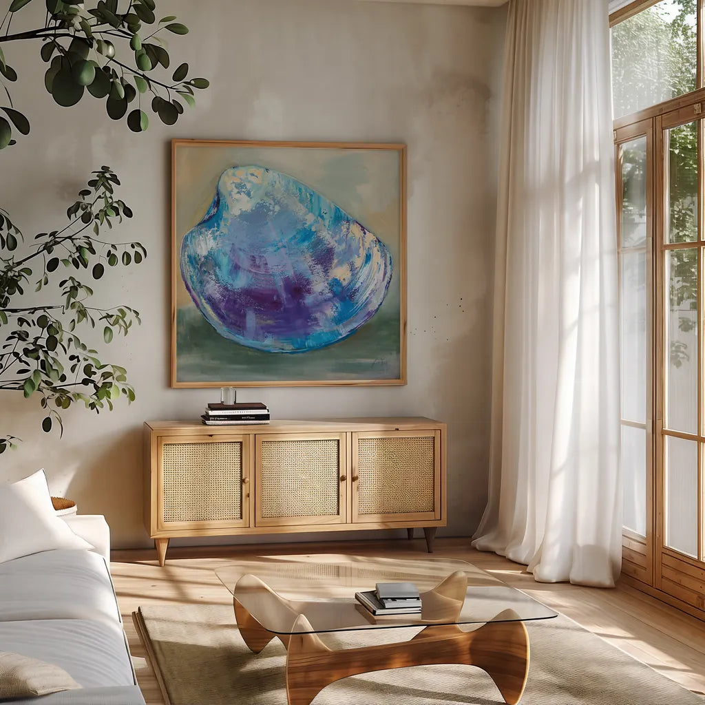 Beach Comber II by Jeanette Vertentes. Shown in a natural wood frame in a cozy modern living room. Available as an archival giclee rolled canvas, fine art paper, or poster print. SKU 78750a.