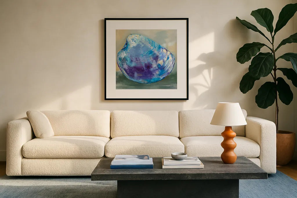 Beach Comber II by Jeanette Vertentes. Displayed in a glass frame with matte in a clean modern living room. Available as an archival giclee rolled canvas, fine art paper, or poster print. SKU 78750a.