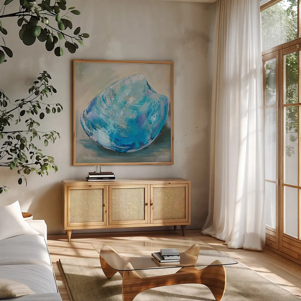Beach Comber III by Jeanette Vertentes. Shown in a natural wood frame in a cozy modern living room. Available as an archival giclee rolled canvas, fine art paper, or poster print. SKU 78751a.
