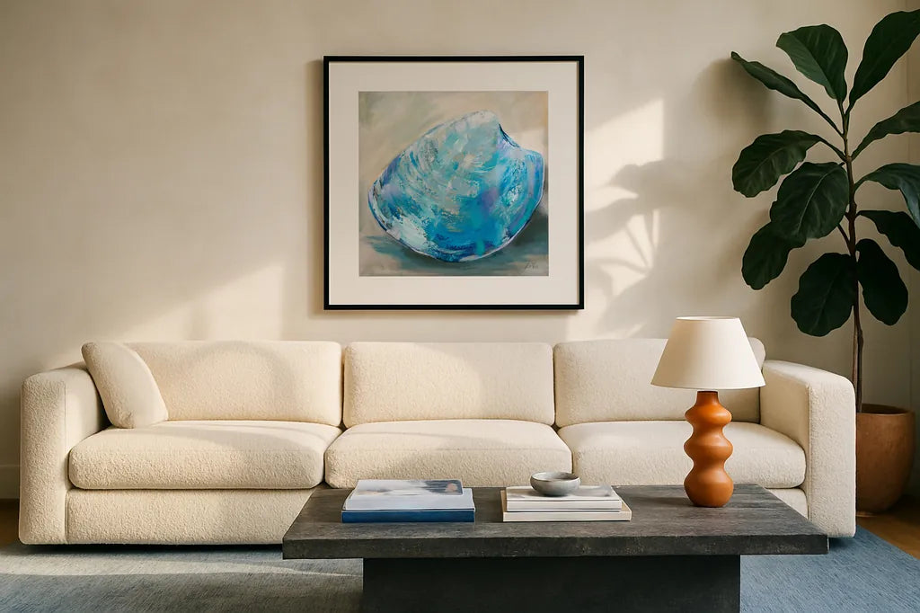 Beach Comber III by Jeanette Vertentes. Displayed in a glass frame with matte in a clean modern living room. Available as an archival giclee rolled canvas, fine art paper, or poster print. SKU 78751a.