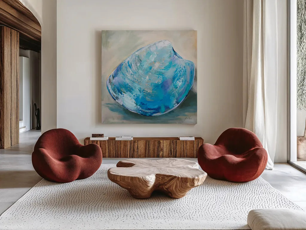 Beach Comber III by Jeanette Vertentes. Shown as extra-large giant wall art in a modern living room. Available as an archival giclee rolled canvas, fine art paper, or poster print. SKU 78751a.