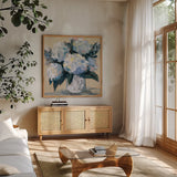 Beach Party by Jeanette Vertentes. Shown in a natural wood frame in a cozy modern living room. Available as an archival giclee rolled canvas, fine art paper, or poster print. SKU 85014a.