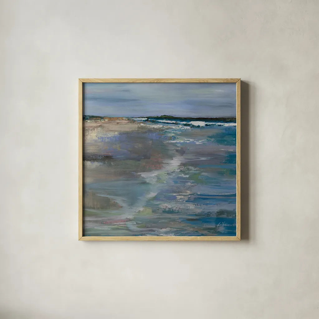 Beach Walk by Jeanette Vertentes. Shown in a natural wood glass frame for a timeless modern aesthetic. Available as an archival giclee rolled canvas, fine art paper, or poster print. SKU 100313a.