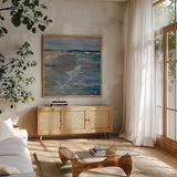 Beach Walk by Jeanette Vertentes. Shown in a natural wood frame in a cozy modern living room. Available as an archival giclee rolled canvas, fine art paper, or poster print. SKU 100313a.