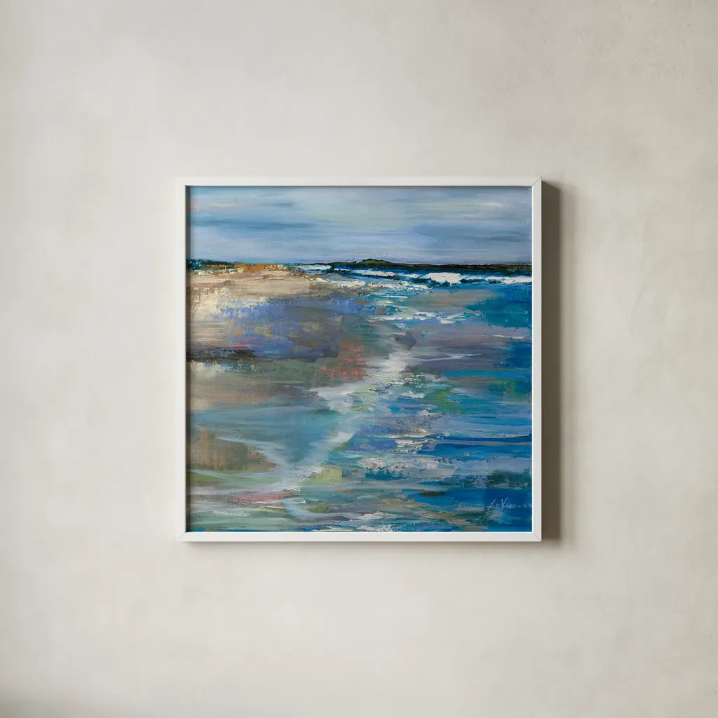 Beach Walk by Jeanette Vertentes. Shown in a crisp white glass frame for a clean and minimalist style. Available as an archival giclee rolled canvas, fine art paper, or poster print. SKU 82848a.