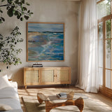 Beach Walk by Jeanette Vertentes. Shown in a natural wood frame in a cozy modern living room. Available as an archival giclee rolled canvas, fine art paper, or poster print. SKU 82848a.