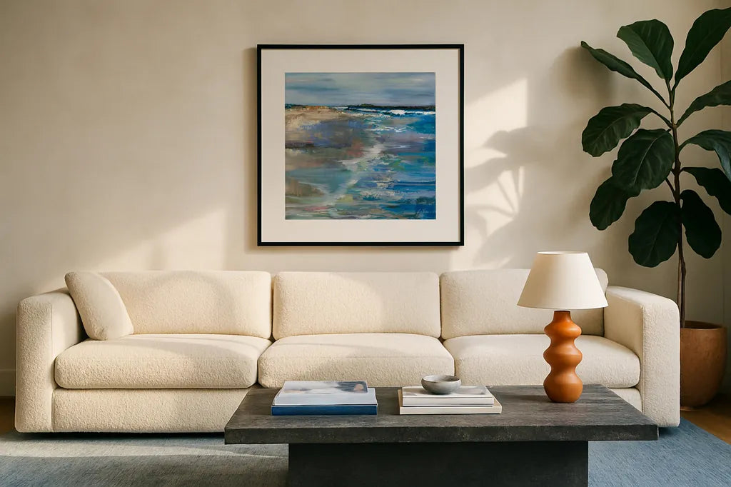Beach Walk by Jeanette Vertentes. Displayed in a glass frame with matte in a clean modern living room. Available as an archival giclee rolled canvas, fine art paper, or poster print. SKU 82848a.