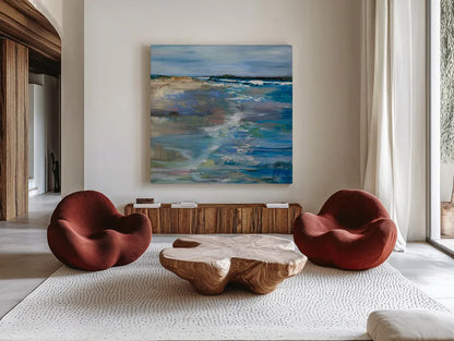 Beach Walk by Jeanette Vertentes. Shown as extra-large giant wall art in a modern living room. Available as an archival giclee rolled canvas, fine art paper, or poster print. SKU 82848a.