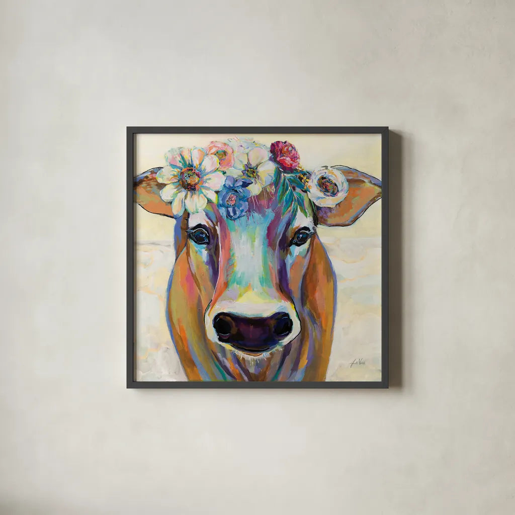Beau with Flowers by Jeanette Vertentes. Shown in a sleek black glass frame for a contemporary gallery look. Available as an archival giclee rolled canvas, fine art paper, or poster print. SKU 62318a.