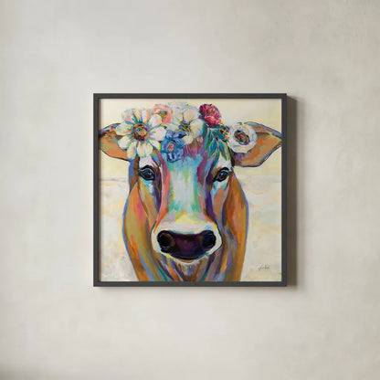Beau with Flowers by Jeanette Vertentes. Shown in a sleek black glass frame for a contemporary gallery look. Available as an archival giclee rolled canvas, fine art paper, or poster print. SKU 62318a.