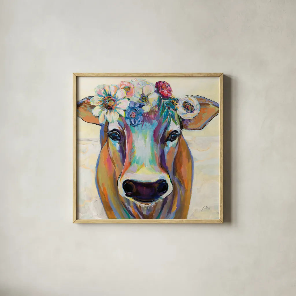Beau with Flowers by Jeanette Vertentes. Shown in a natural wood glass frame for a timeless modern aesthetic. Available as an archival giclee rolled canvas, fine art paper, or poster print. SKU 62318a.
