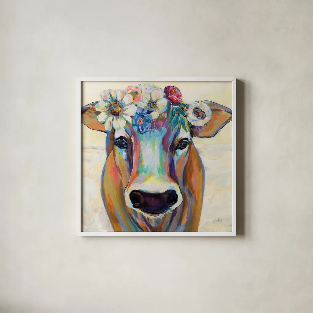Beau with Flowers by Jeanette Vertentes. Shown in a crisp white glass frame for a clean and minimalist style. Available as an archival giclee rolled canvas, fine art paper, or poster print. SKU 62318a.