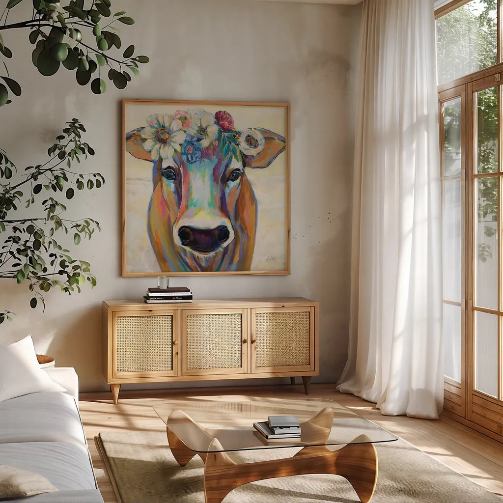 Beau with Flowers by Jeanette Vertentes. Shown in a natural wood frame in a cozy modern living room. Available as an archival giclee rolled canvas, fine art paper, or poster print. SKU 62318a.