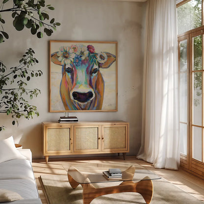 Beau with Flowers by Jeanette Vertentes. Shown in a natural wood frame in a cozy modern living room. Available as an archival giclee rolled canvas, fine art paper, or poster print. SKU 62318a.