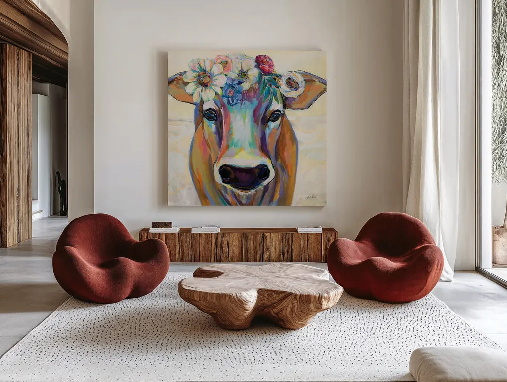 Beau with Flowers by Jeanette Vertentes. Shown as extra-large giant wall art in a modern living room. Available as an archival giclee rolled canvas, fine art paper, or poster print. SKU 62318a.