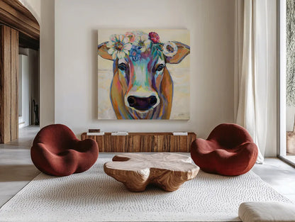 Beau with Flowers by Jeanette Vertentes. Shown as extra-large giant wall art in a modern living room. Available as an archival giclee rolled canvas, fine art paper, or poster print. SKU 62318a.