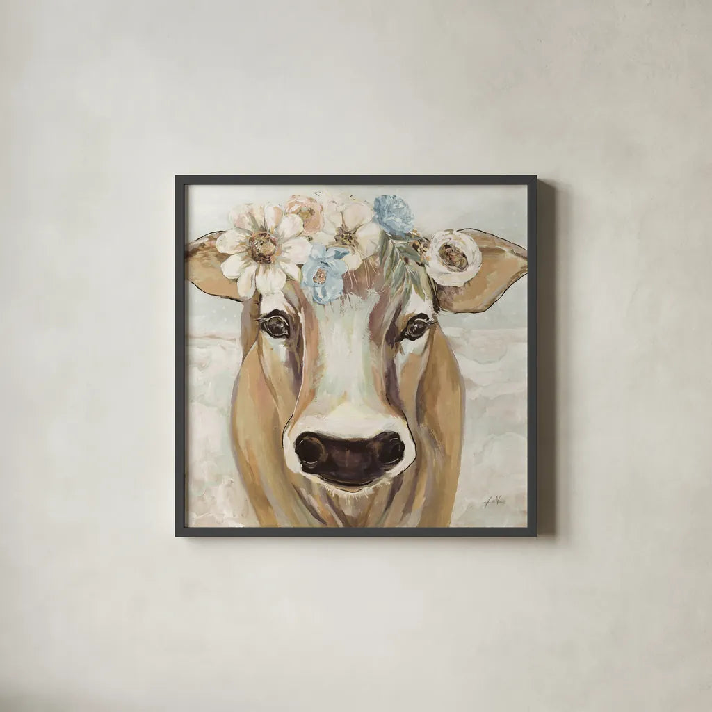 Beau with Flowers Neutral by Jeanette Vertentes. Shown in a sleek black glass frame for a contemporary gallery look. Available as an archival giclee rolled canvas, fine art paper, or poster print. SKU 68121a.