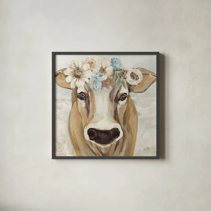 Beau with Flowers Neutral by Jeanette Vertentes. Shown in a sleek black glass frame for a contemporary gallery look. Available as an archival giclee rolled canvas, fine art paper, or poster print. SKU 68121a.