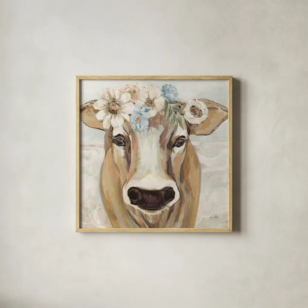 Beau with Flowers Neutral by Jeanette Vertentes. Shown in a natural wood glass frame for a timeless modern aesthetic. Available as an archival giclee rolled canvas, fine art paper, or poster print. SKU 68121a.