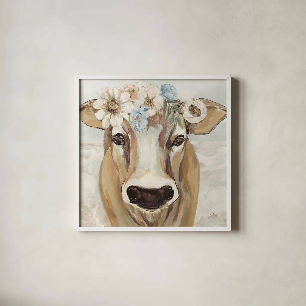 Beau with Flowers Neutral by Jeanette Vertentes. Shown in a crisp white glass frame for a clean and minimalist style. Available as an archival giclee rolled canvas, fine art paper, or poster print. SKU 68121a.