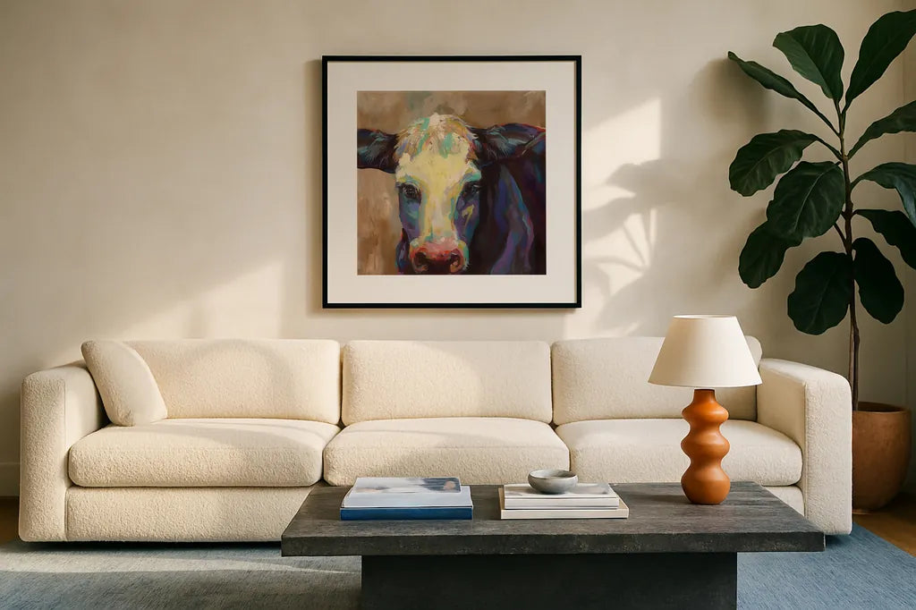 Betsy No Tag by Jeanette Vertentes. Displayed in a glass frame with matte in a clean modern living room. Available as an archival giclee rolled canvas, fine art paper, or poster print. SKU 56710a.