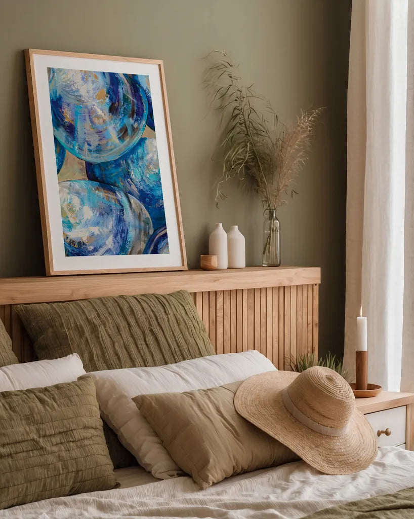 Beyond Blue Shells by Jeanette Vertentes. shown as a paper print in a natural frame. Available as a archival giclee rolled canvas, fine art paper, or poster print. SKU 72150h.