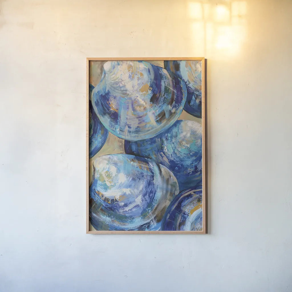 Beyond Blue Shells by Jeanette Vertentes. shown as a paper print in a natural frame. Available as a archival giclee rolled canvas, fine art paper, or poster print. SKU 72150h.