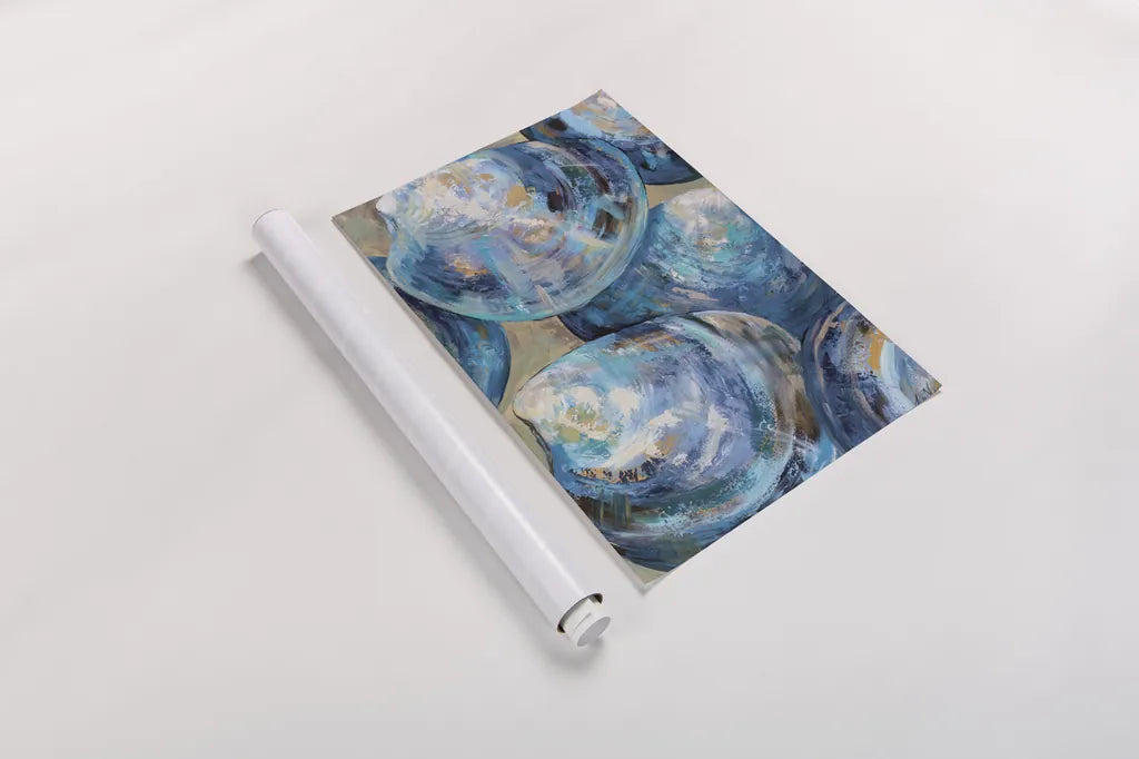Beyond Blue Shells Light by Jeanette Vertentes. shown as a rolled paper print. Available as archival giclee rolled canvas, fine art paper, or poster print. SKU 73157h.
