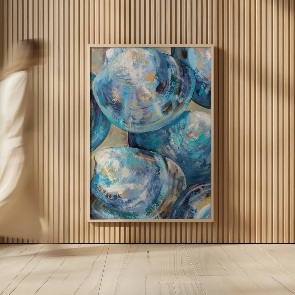 Beyond Blue Shells Light by Jeanette Vertentes. shown as over sized large wall art. Available as an archival giclee rolled canvas, fine art paper, or poster print. SKU 73157h.