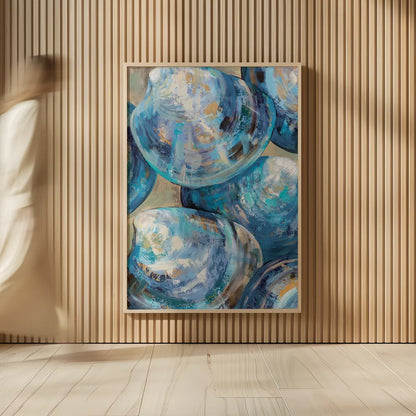 Beyond Blue Shells Light by Jeanette Vertentes. shown as over sized large wall art. Available as an archival giclee rolled canvas, fine art paper, or poster print. SKU 73157h.