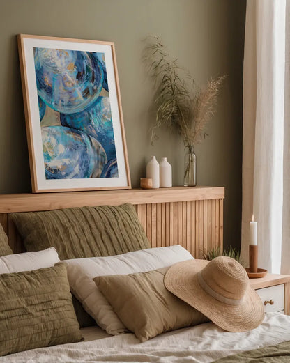 Beyond Blue Shells Light by Jeanette Vertentes. shown as a paper print in a natural frame. Available as a archival giclee rolled canvas, fine art paper, or poster print. SKU 73157h.