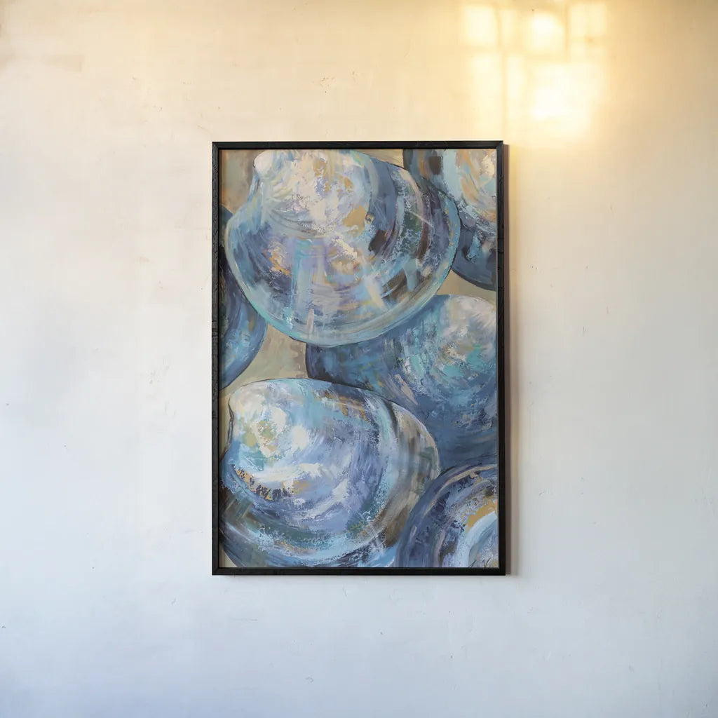 Beyond Blue Shells Light by Jeanette Vertentes. shown as a paper print in a black flame. Available as a archival giclee rolled canvas, fine art paper, or poster print. SKU 73157h.