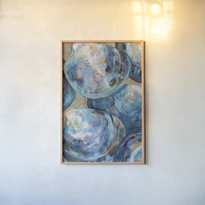 Beyond Blue Shells Light by Jeanette Vertentes. shown as a paper print in a natural frame. Available as a archival giclee rolled canvas, fine art paper, or poster print. SKU 73157h.