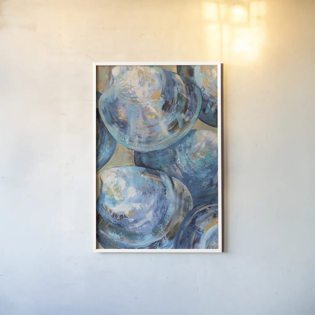 Beyond Blue Shells Light by Jeanette Vertentes. shown as a paper print in a white frame. Available as a archival giclee rolled canvas, fine art paper, or poster print. SKU 73157h.