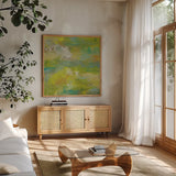 Bliss by Jeanette Vertentes. Shown in a natural wood frame in a cozy modern living room. Available as an archival giclee rolled canvas, fine art paper, or poster print. SKU 55483a.