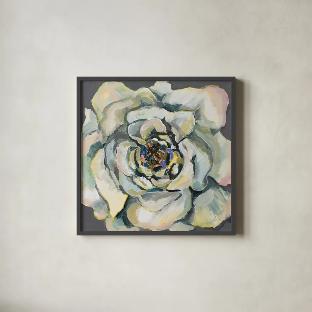 Bloom I by Jeanette Vertentes. Shown in a sleek black glass frame for a contemporary gallery look. Available as an archival giclee rolled canvas, fine art paper, or poster print. SKU 54411a.