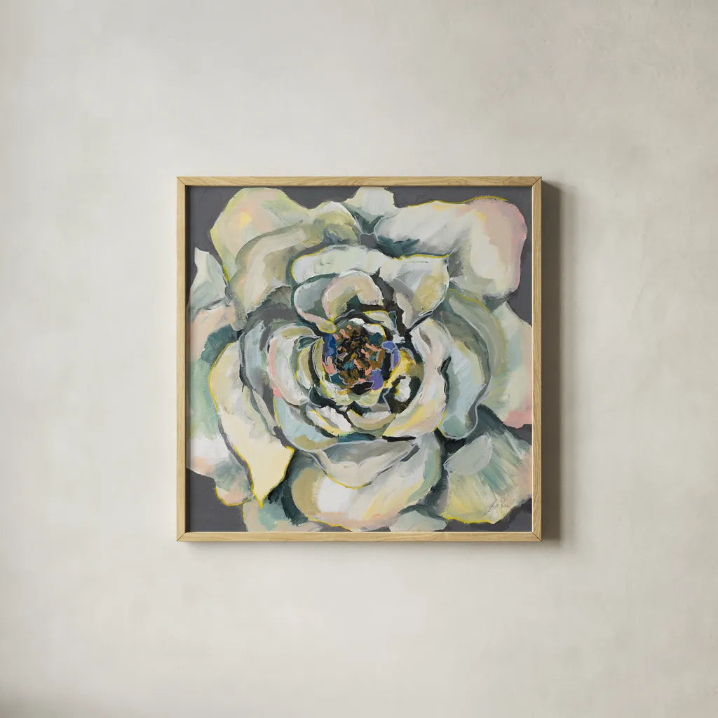 Bloom I by Jeanette Vertentes. Shown in a natural wood glass frame for a timeless modern aesthetic. Available as an archival giclee rolled canvas, fine art paper, or poster print. SKU 54411a.