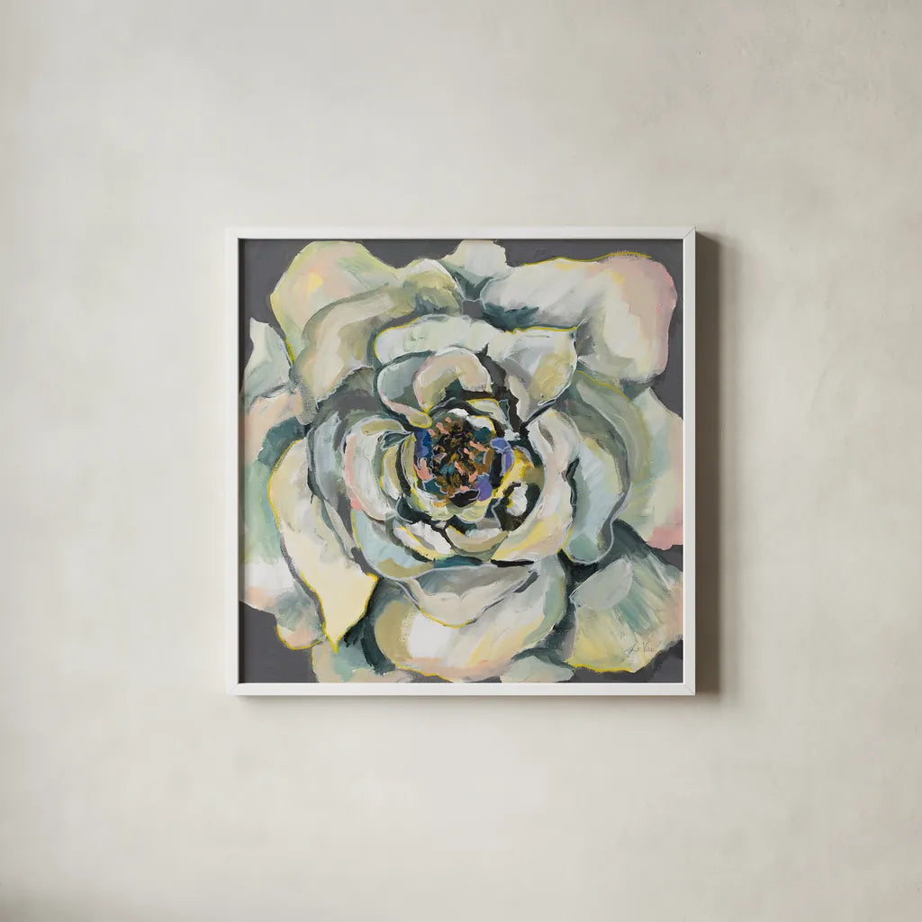 Bloom I by Jeanette Vertentes. Shown in a crisp white glass frame for a clean and minimalist style. Available as an archival giclee rolled canvas, fine art paper, or poster print. SKU 54411a.