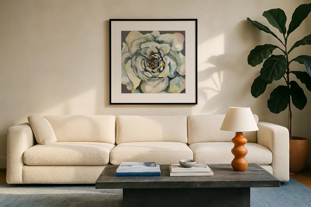 Bloom I by Jeanette Vertentes. Displayed in a glass frame with matte in a clean modern living room. Available as an archival giclee rolled canvas, fine art paper, or poster print. SKU 54411a.
