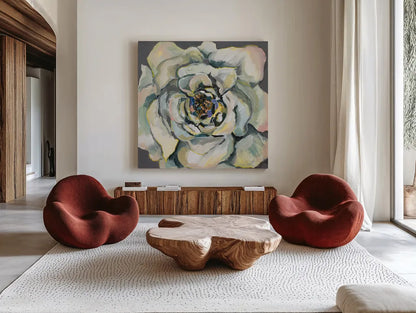 Bloom I by Jeanette Vertentes. Shown as extra-large giant wall art in a modern living room. Available as an archival giclee rolled canvas, fine art paper, or poster print. SKU 54411a.