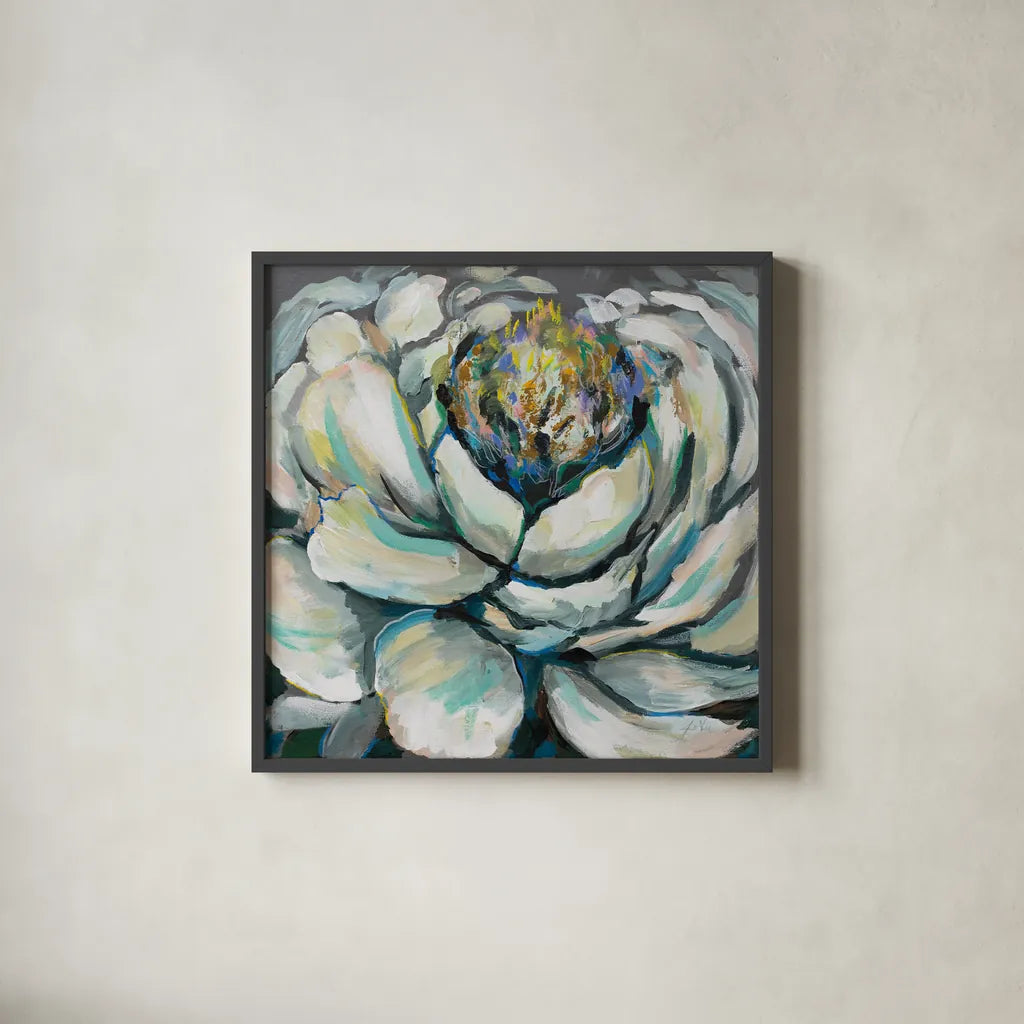 Bloom II by Jeanette Vertentes. Shown in a sleek black glass frame for a contemporary gallery look. Available as an archival giclee rolled canvas, fine art paper, or poster print. SKU 54412a.